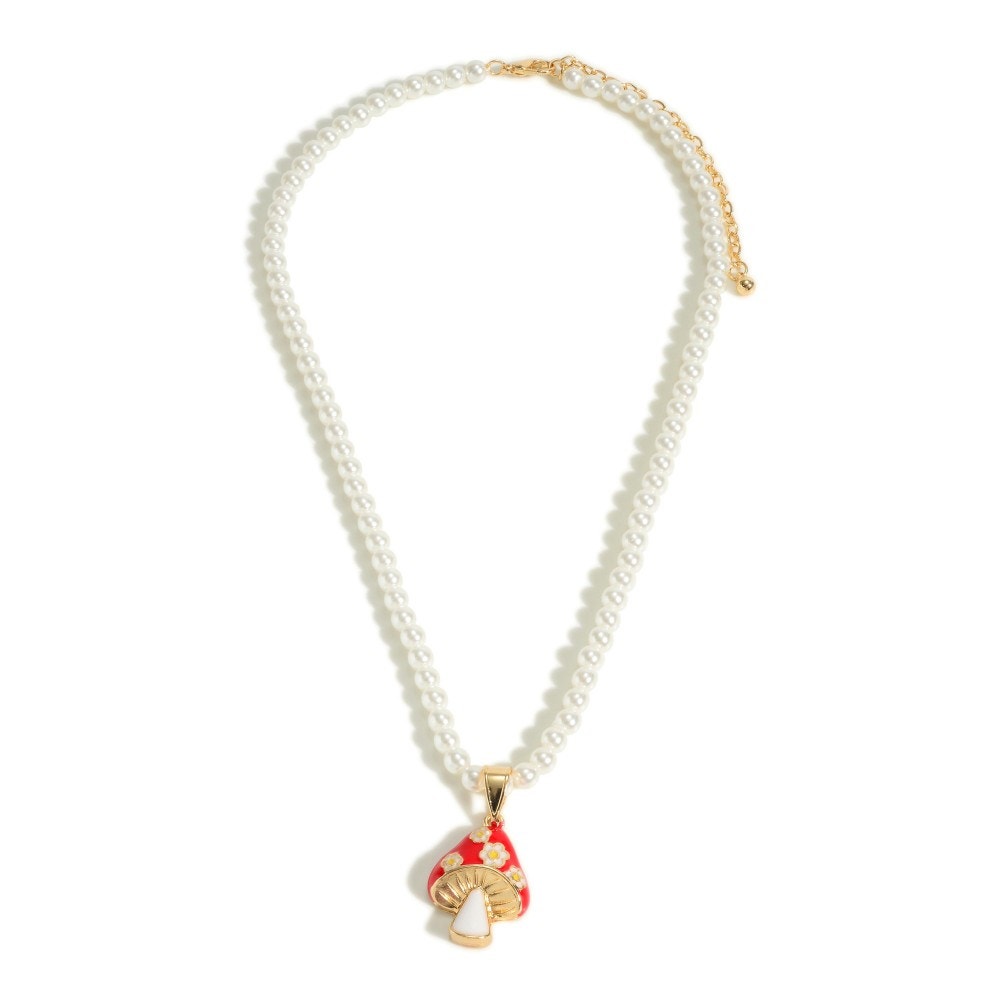 Pearl Beaded Necklace With Enameled Mushroom Pendant Redf